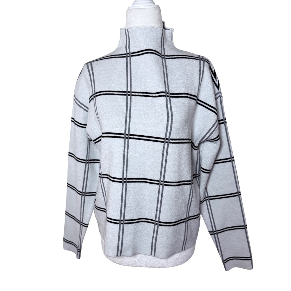 Max Studio Womens Gray Black Windowpane Plaid Mock‎ Neck Sweater Size M Pullover